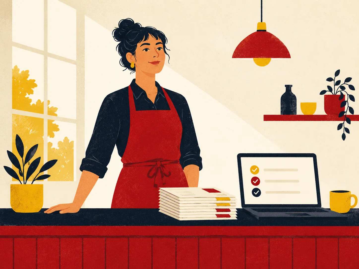 Ilustración: una emprendedora tranquila en su mostrador, con facturas ordenadas y su portátil